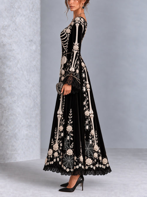 Gothic Halloween Skull Rose Print Lace Flared Sleeve Maxi Dress