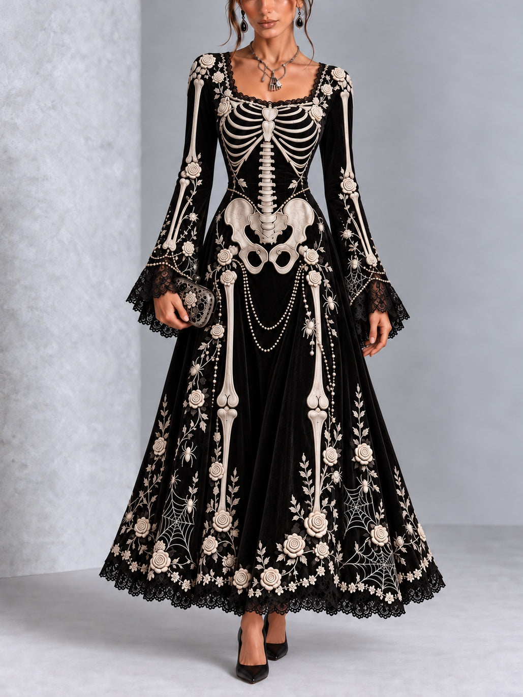 Gothic Halloween Skull Rose Print Lace Flared Sleeve Maxi Dress