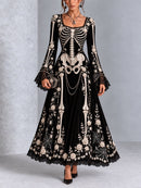 Gothic Halloween Skull Rose Print Lace Flared Sleeve Maxi Dress