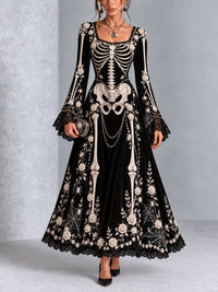 Gothic Halloween Skull Rose Print Lace Flared Sleeve Maxi Dress