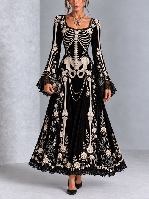 Gothic Halloween Skull Rose Print Lace Flared Sleeve Maxi Dress