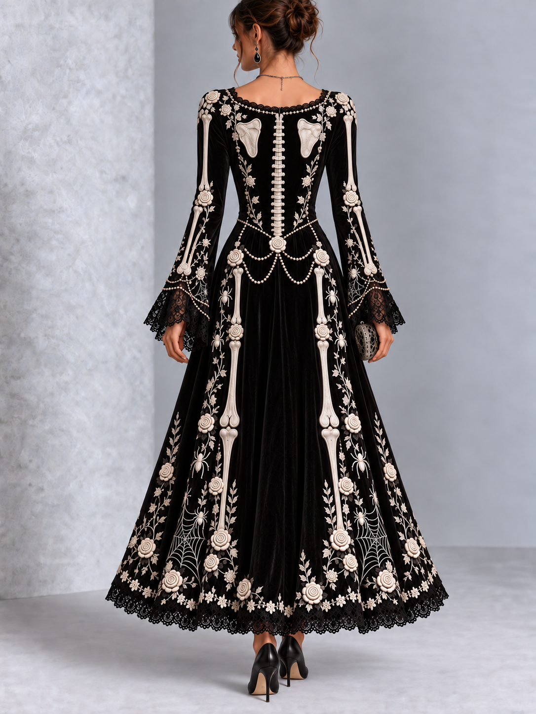 Gothic Halloween Skull Rose Print Lace Flared Sleeve Maxi Dress