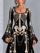 Gothic Halloween Skull Rose Print Lace Flared Sleeve Maxi Dress