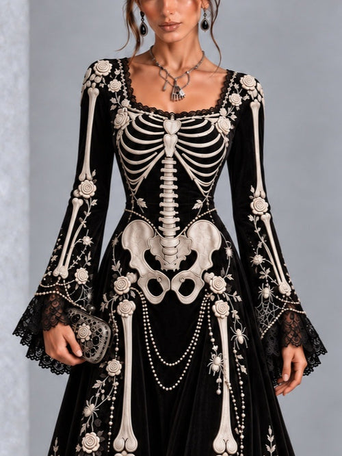 Gothic Halloween Skull Rose Print Lace Flared Sleeve Maxi Dress