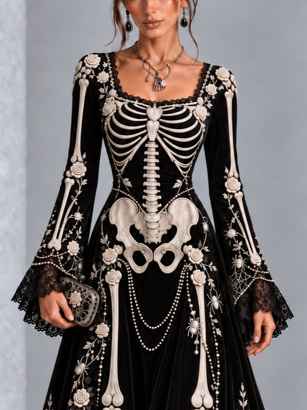 Gothic Halloween Skull Rose Print Lace Flared Sleeve Maxi Dress