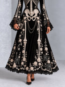 Gothic Halloween Skull Rose Print Lace Flared Sleeve Maxi Dress