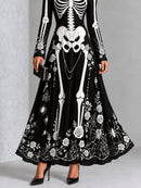 Gothic Black And White Skull And Rose Print Long-sleeved Halloween Maxi Dress