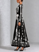 Gothic Black And White Skull And Rose Print Long-sleeved Halloween Maxi Dress