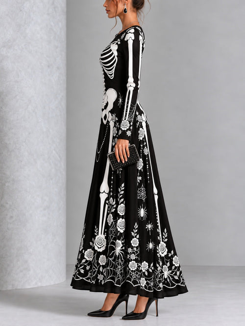 Gothic Black And White Skull And Rose Print Long-sleeved Halloween Maxi Dress