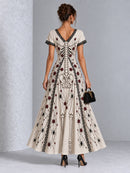 Vintage Gothic Skull Rose Spider Print Lace Trim Halloween Maxi Dress