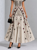 Vintage Gothic Skull Rose Spider Print Lace Trim Halloween Maxi Dress