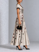 Vintage Gothic Skull Rose Spider Print Lace Trim Halloween Maxi Dress