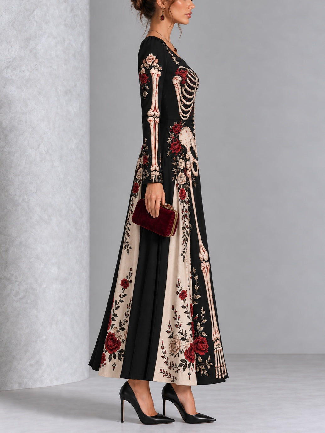 Gothic Skeleton Red Rose Print Long Sleeve Halloween Maxi Dress