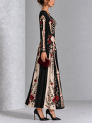 Gothic Skeleton Red Rose Print Long Sleeve Halloween Maxi Dress