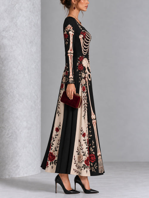 Gothic Skeleton Red Rose Print Long Sleeve Halloween Maxi Dress