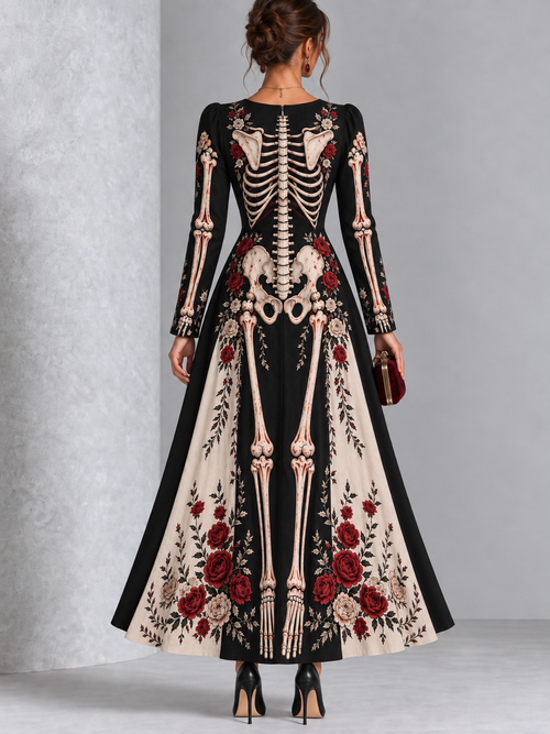 Gothic Skeleton Red Rose Print Long Sleeve Halloween Maxi Dress