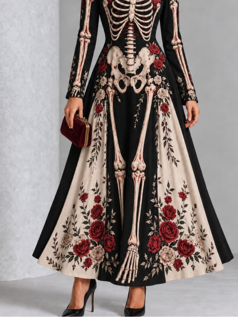 Gothic Skeleton Red Rose Print Long Sleeve Halloween Maxi Dress
