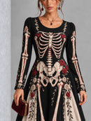 Gothic Skeleton Red Rose Print Long Sleeve Halloween Maxi Dress