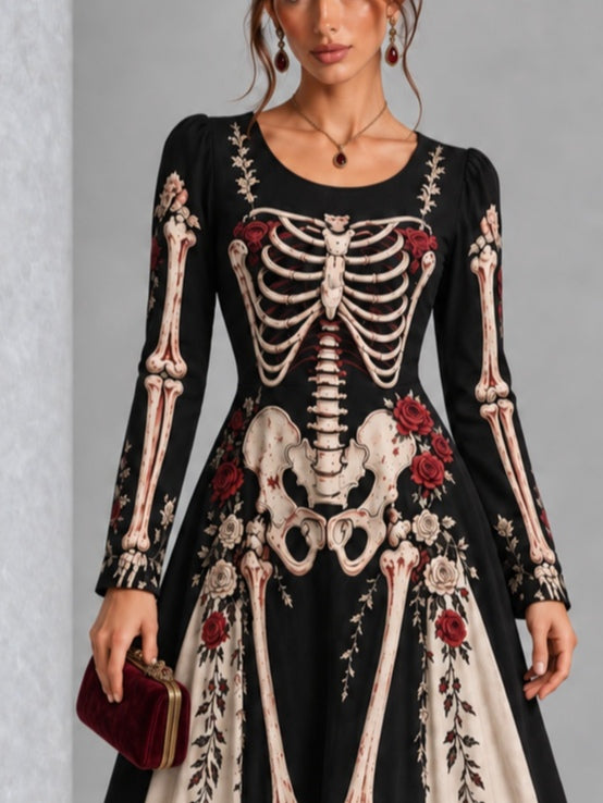 Gothic Skeleton Red Rose Print Long Sleeve Halloween Maxi Dress