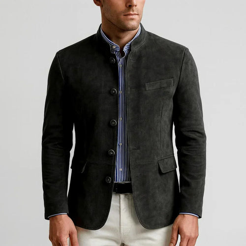 Suede blazer with Chinese collar
