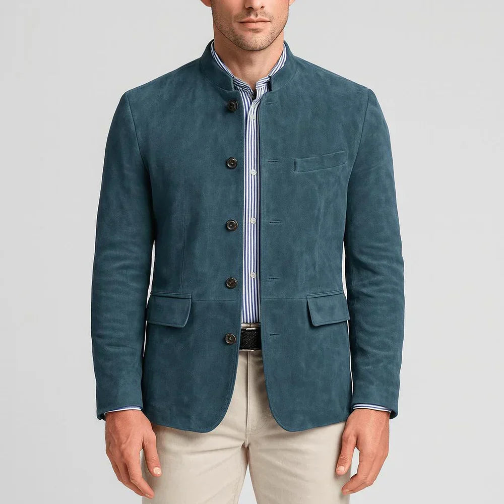 Suede blazer with Chinese collar