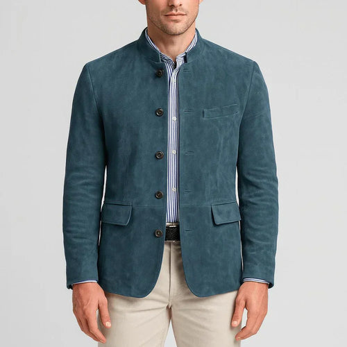 Suede blazer with Chinese collar