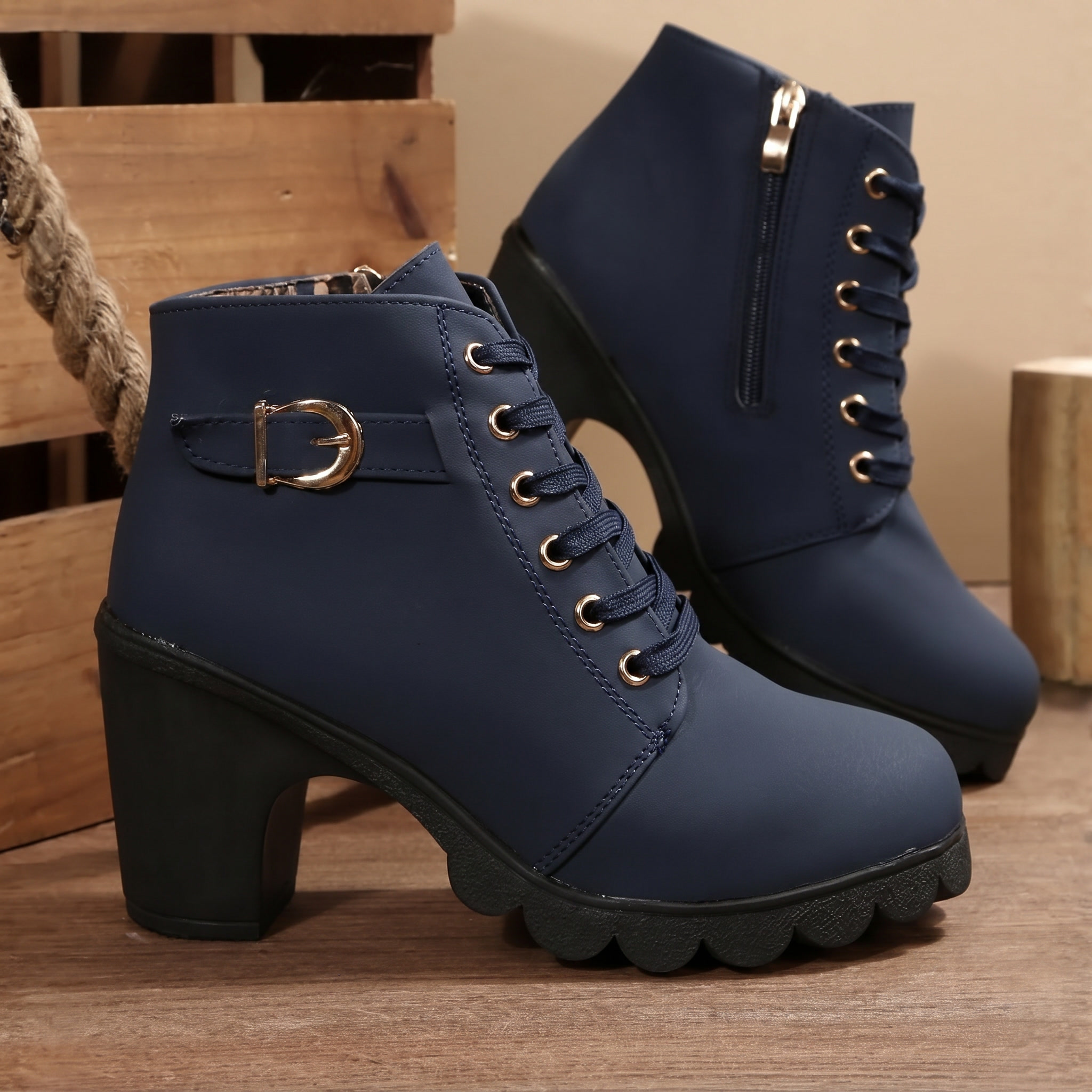 KATNI™ - Chic Lace-Up Metal Buckle Chunky Ankle Boots