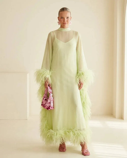Elegant Feather Trim Sheer Chiffon Cape Maxi Dress