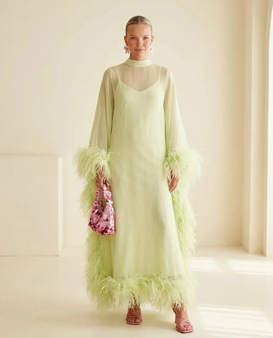 Elegant Feather Trim Sheer Chiffon Cape Maxi Dress