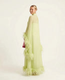 Elegant Feather Trim Sheer Chiffon Cape Maxi Dress