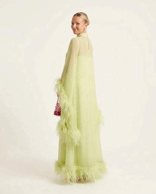 Elegant Feather Trim Sheer Chiffon Cape Maxi Dress
