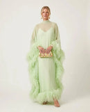 Elegant Feather Trim Sheer Chiffon Cape Maxi Dress