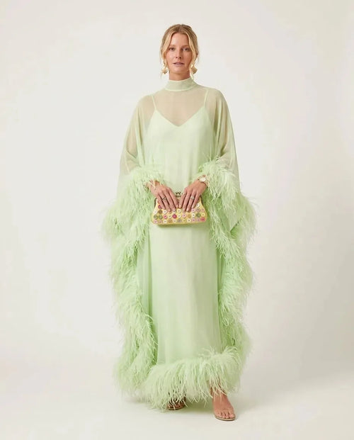 Elegant Feather Trim Sheer Chiffon Cape Maxi Dress