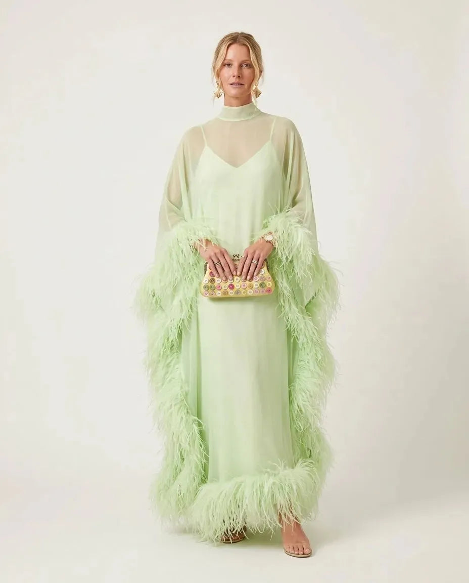 Elegant Feather Trim Sheer Chiffon Cape Maxi Dress