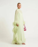 Elegant Feather Trim Sheer Chiffon Cape Maxi Dress