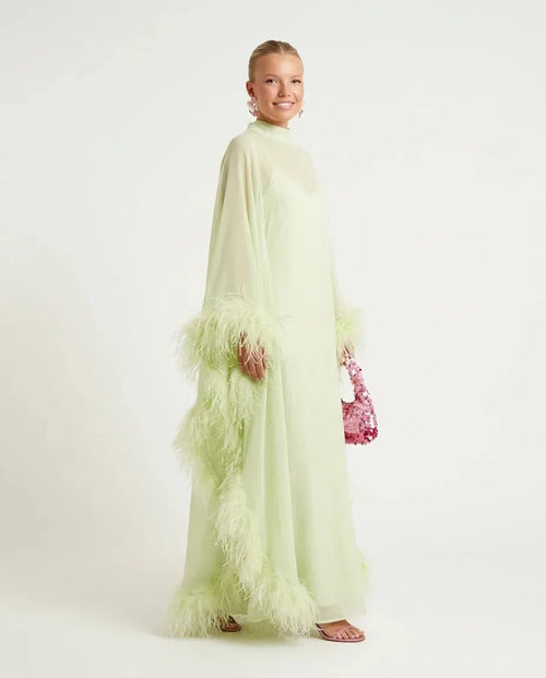 Elegant Feather Trim Sheer Chiffon Cape Maxi Dress