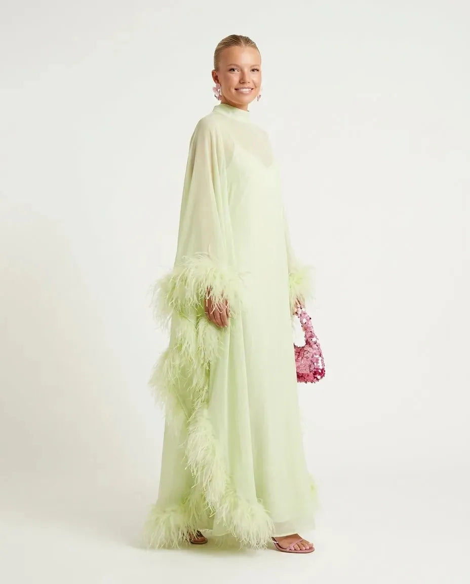 Elegant Feather Trim Sheer Chiffon Cape Maxi Dress