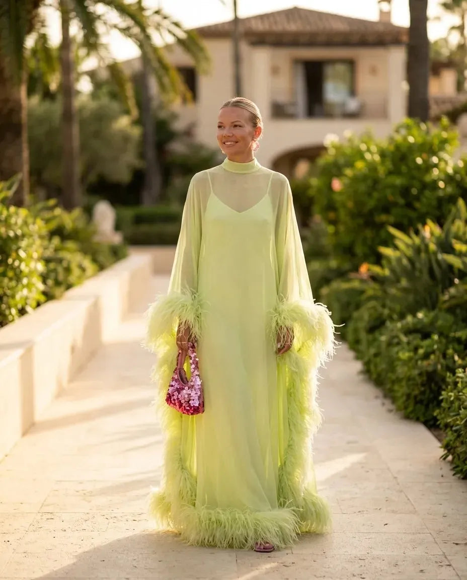 Elegant Feather Trim Sheer Chiffon Cape Maxi Dress