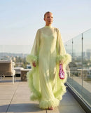 Elegant Feather Trim Sheer Chiffon Cape Maxi Dress