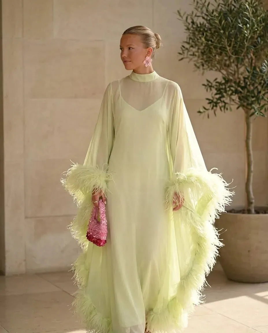 Elegant Feather Trim Sheer Chiffon Cape Maxi Dress