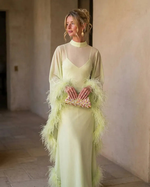 Elegant Feather Trim Sheer Chiffon Cape Maxi Dress