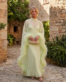Elegant Feather Trim Sheer Chiffon Cape Maxi Dress