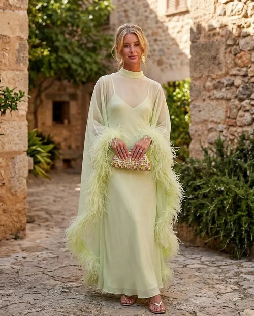 Elegant Feather Trim Sheer Chiffon Cape Maxi Dress