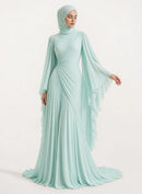 Elegant Pleated High-Neck Cape Sleeve Chiffon Maxi Dress