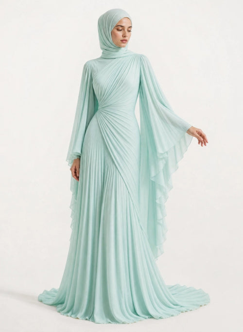 Elegant Pleated High-Neck Cape Sleeve Chiffon Maxi Dress