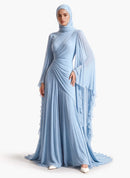 Elegant Pleated High-Neck Cape Sleeve Chiffon Maxi Dress