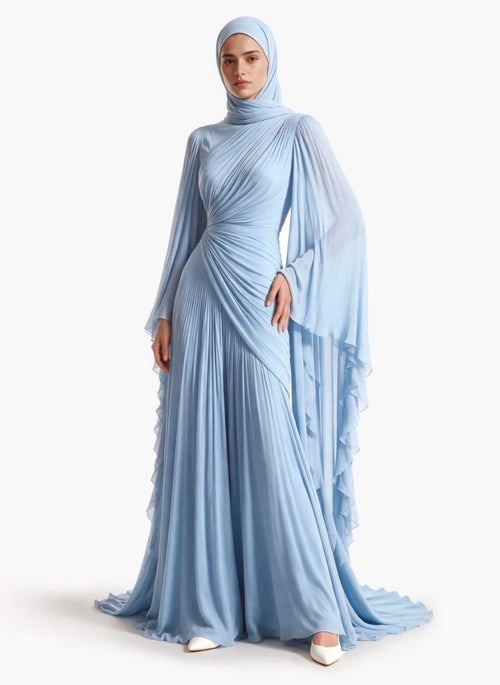 Elegant Pleated High-Neck Cape Sleeve Chiffon Maxi Dress