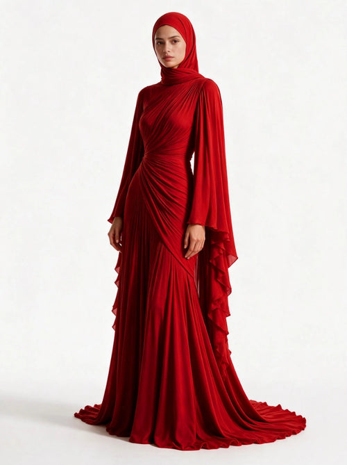 Elegant Pleated High-Neck Cape Sleeve Chiffon Maxi Dress