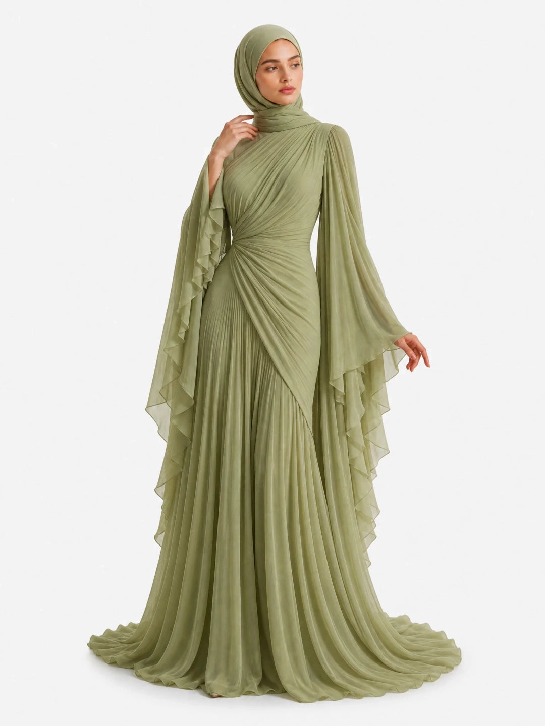 Elegant Pleated High-Neck Cape Sleeve Chiffon Maxi Dress
