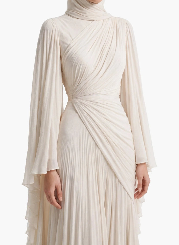 Elegant Pleated High-Neck Cape Sleeve Chiffon Maxi Dress